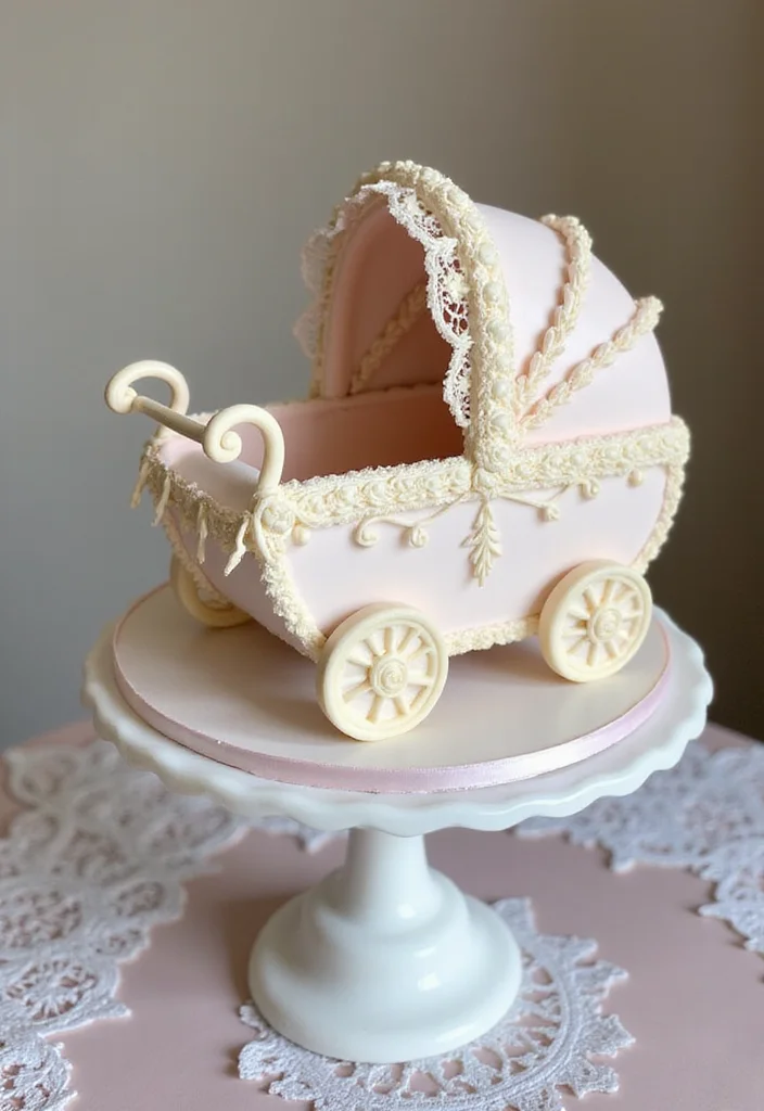 15 Creative Mom-to-Be Cake Designs That Will Make You Say 'Wow!' - 9. Vintage Baby Carriage Cake