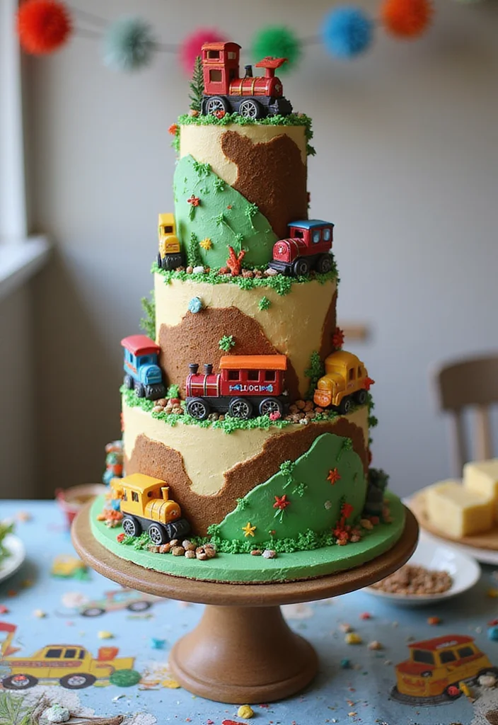 16 Fun Tall Cake Designs Your Kids Will Adore—#7 Is a Party Favorite! - 12. Train Adventure Cake