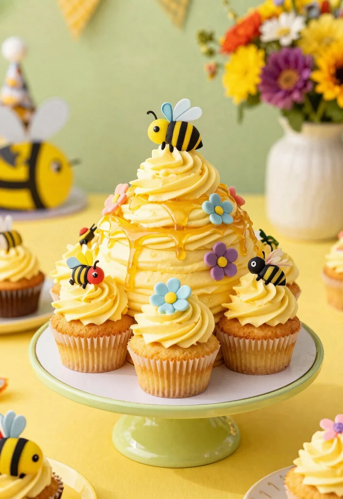 15 Bee Smash Cake Ideas for Sweet Little Celebrations - 12. Fun Beehive Cupcake Cake 1