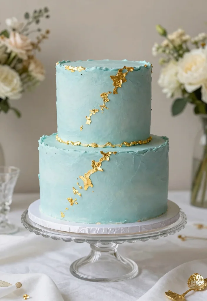 15 Light Blue Birthday Cake Ideas Soft Dreamy Style - 10. Light Blue Layer Cake with Edible Gold Leaf 1