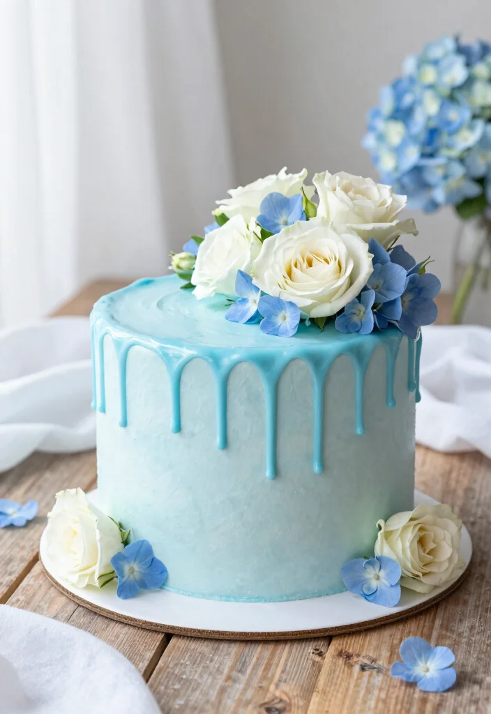 15 Light Blue Birthday Cake Ideas Soft Dreamy Style - 3. Light Blue Drip Cake with Fresh Flowers 1