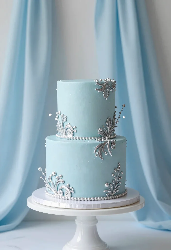 15 Light Blue Birthday Cake Ideas Soft Dreamy Style - 4. Light Blue Fondant Cake with Silver Accents 1