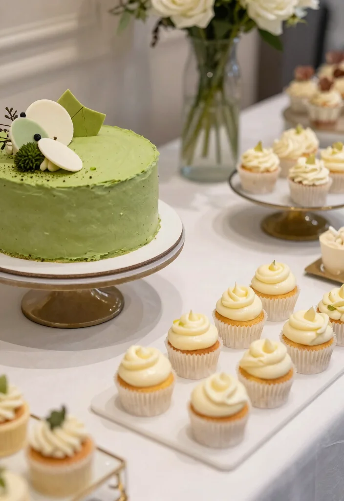15 Wedding Cake With Cupcakes Ideas for a Practical and Stylish Display - 12. Matcha Cake with White Chocolate Cupcakes 1