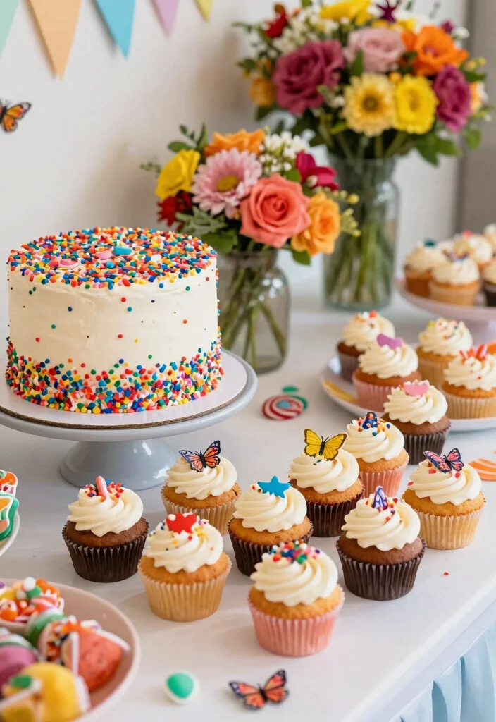 15 Wedding Cake With Cupcakes Ideas for a Practical and Stylish Display - 4. Funfetti Cake with Colorful Cupcakes 1