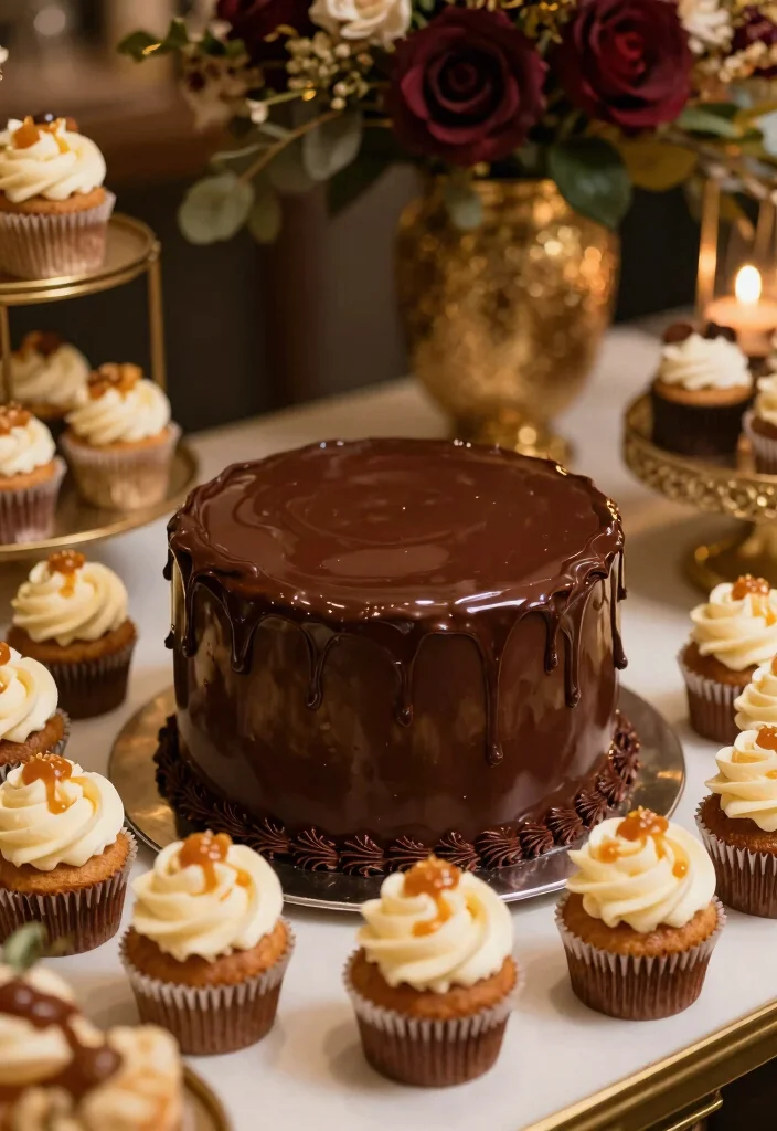 15 Wedding Cake With Cupcakes Ideas for a Practical and Stylish Display - 5. Chocolate Ganache Cake with Salted Caramel Cupcakes 1