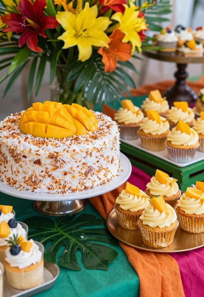 15 Wedding Cake With Cupcakes Ideas for a Practical and Stylish Display - 7. Coconut Cake with Mango Cupcakes 1