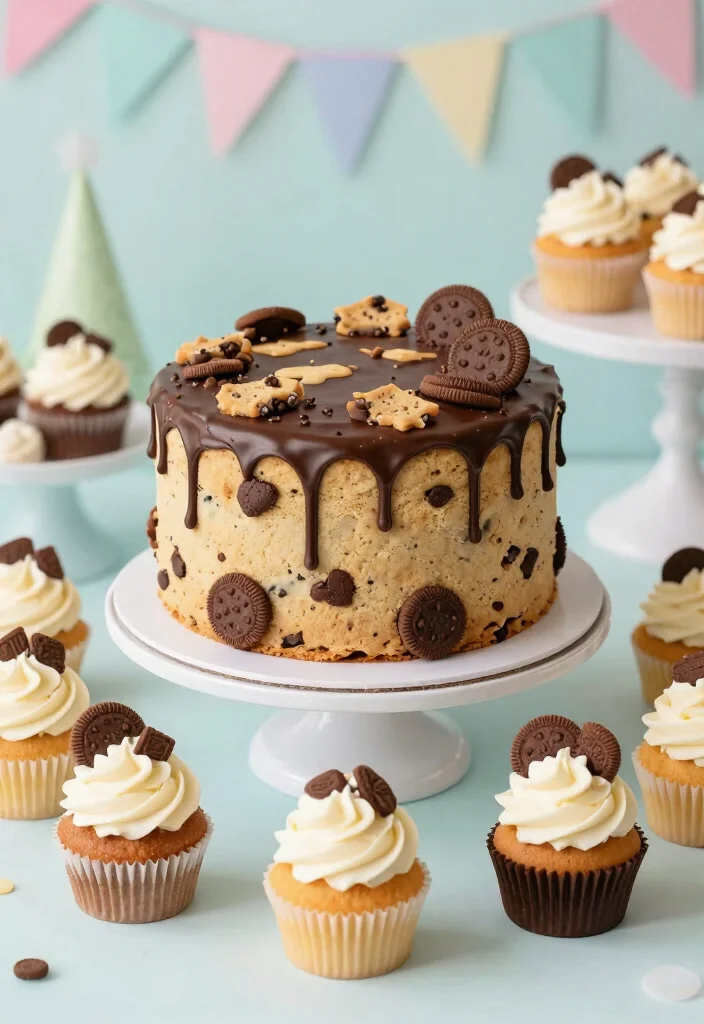 15 Wedding Cake With Cupcakes Ideas for a Practical and Stylish Display - 8. Chocolate Chip Cookie Cake with Cookie Dough Cupcakes 1