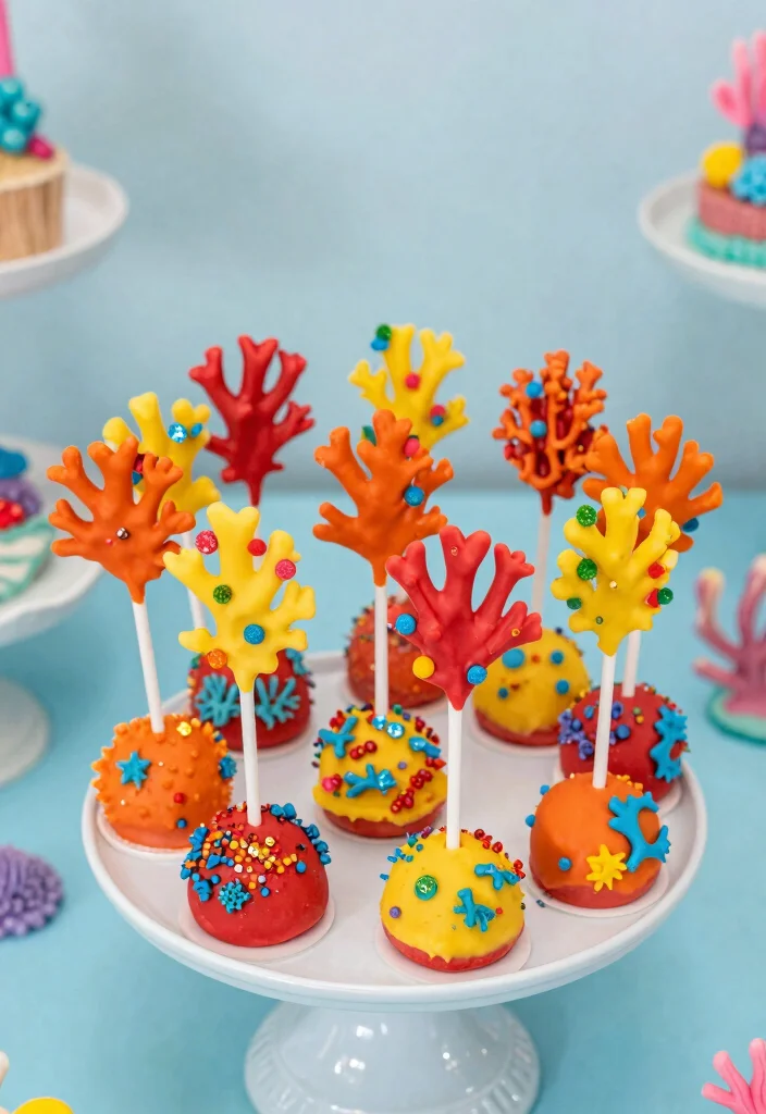 16 Ariel Birthday Cake Ideas: Magical Under the Sea - 12. Coral Cake Pops 1