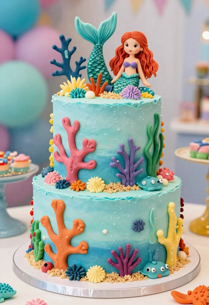 16 Ariel Birthday Cake Ideas: Magical Under the Sea - 7. Coral Reef Cake 1