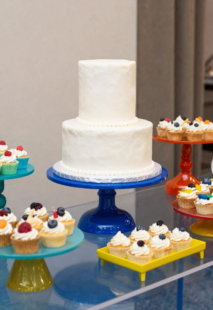16 Cake Stand Wedding Ideas Styled Dessert Focus - 13. Colorful Acrylic Stands 1