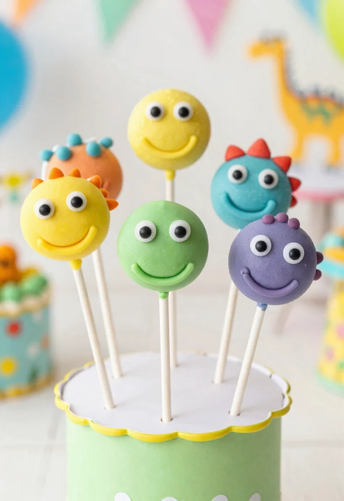 16 Dino Cake Pops Ideas Fun Prehistoric Theme - 7. Dino Face Cake Pops 1