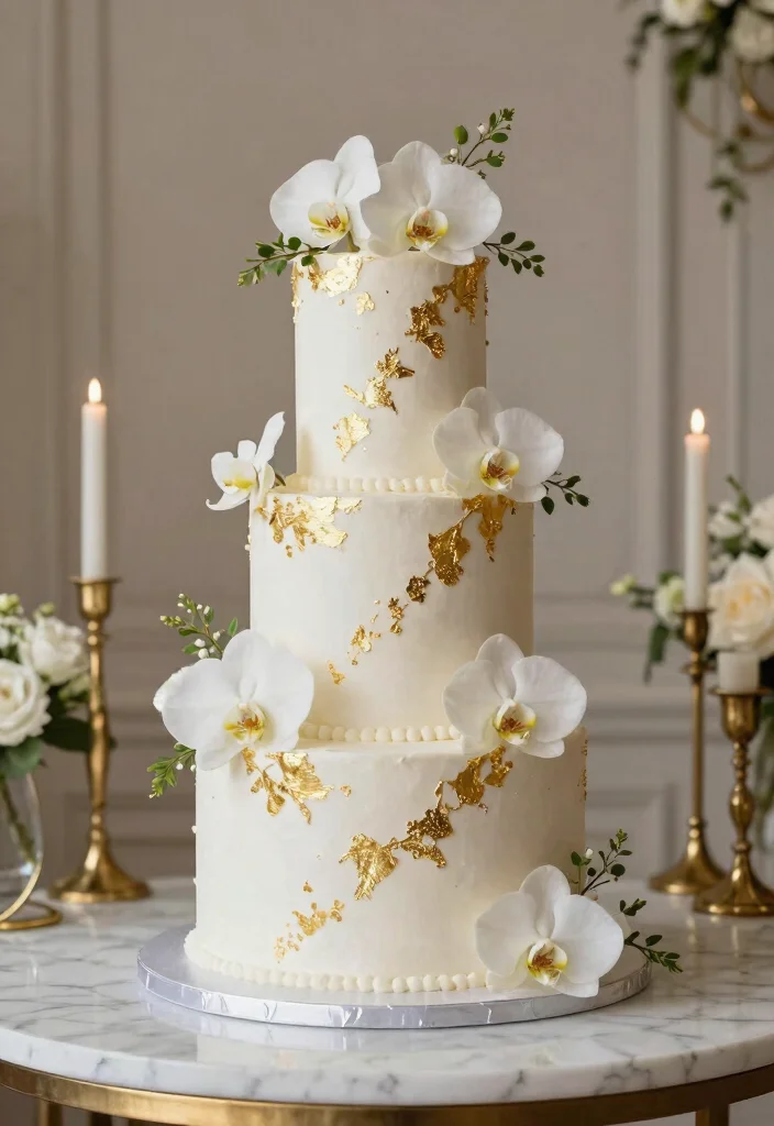 16 Just Married Wedding Cake Ideas in Simple Romantic Style - 7. Glittering Gold Leaf Cake 1