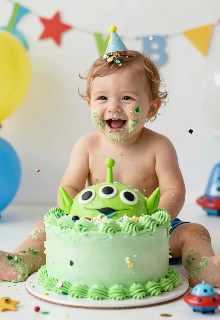 16 Toy Story Cake Smash Ideas: Colorful Character Themes - 12. Alien Space Adventure Cake Smash 1