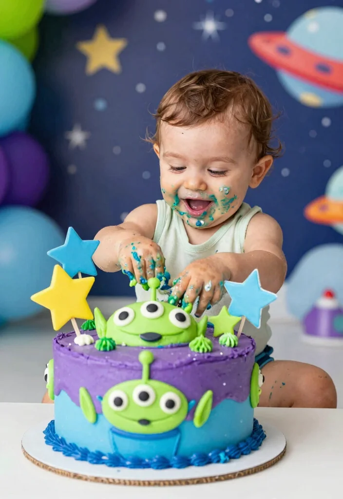 16 Toy Story Cake Smash Ideas: Colorful Character Themes - 5. Alien Invasion Cake Smash 1