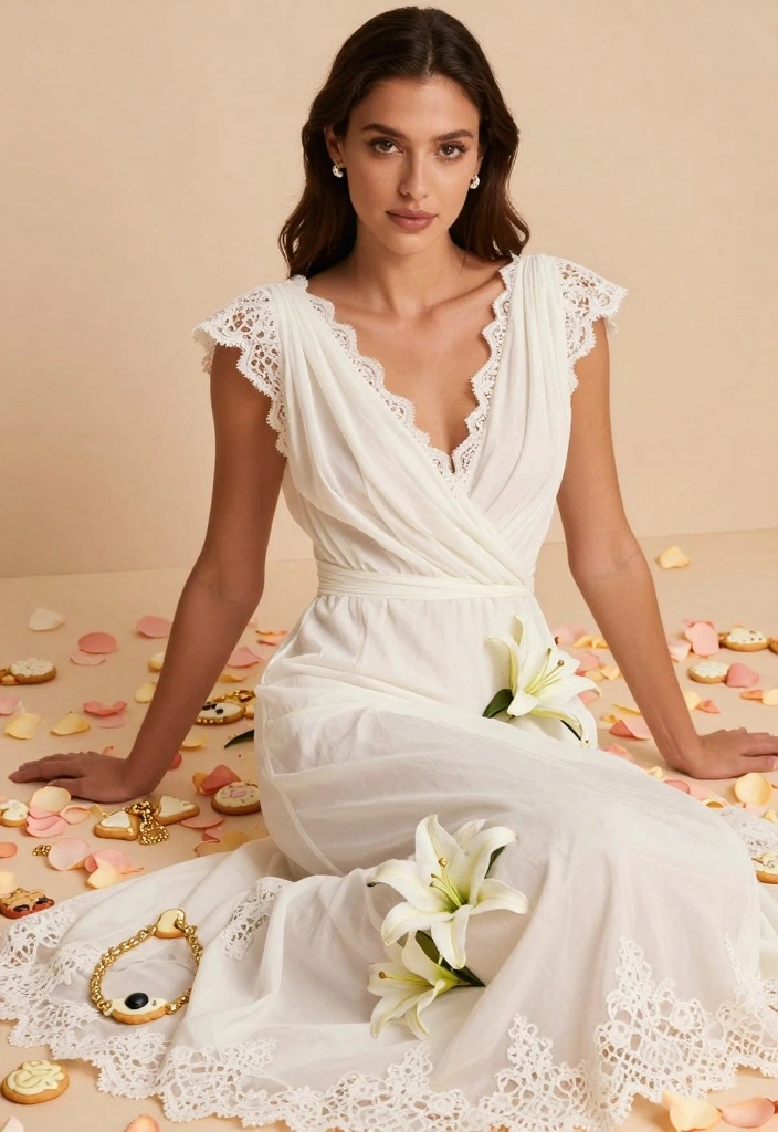 16 White Lily Cookie Costume Ideas for an Elegant Character Look - 1. Elegant White Lily Dress with Cookie Accents 1