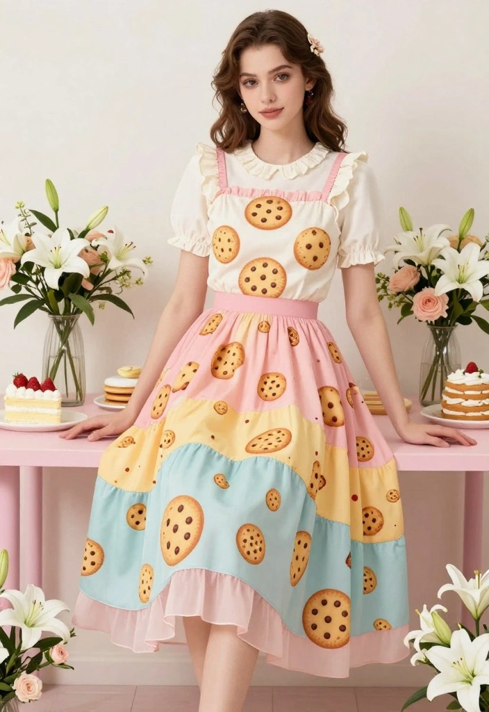 16 White Lily Cookie Costume Ideas for an Elegant Character Look - 2. Layered Skirt with Cookie Print Top 1