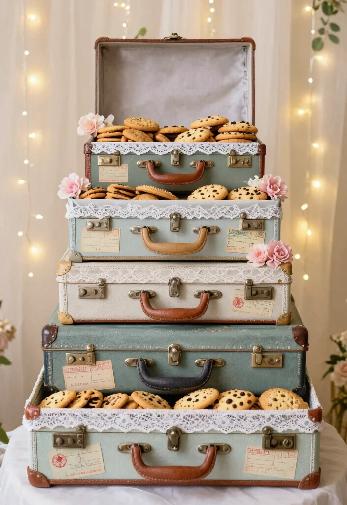 17 Cookie Table Wedding Display Ideas: Sweet Abundant Setup - 2. Vintage Suitcases for a Shabby Chic Look 1