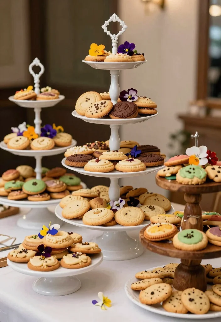 17 Cookie Table Wedding Display Ideas: Sweet Abundant Setup - 4. Tiered Cake Stand Arrangement 1