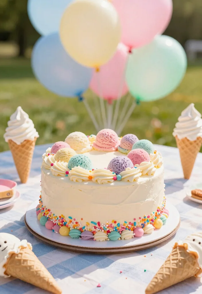 17 Pastel Cake Smash Ideas: Soft Dreamy Colors - 14. Pastel Themed Ice Cream Cake 1