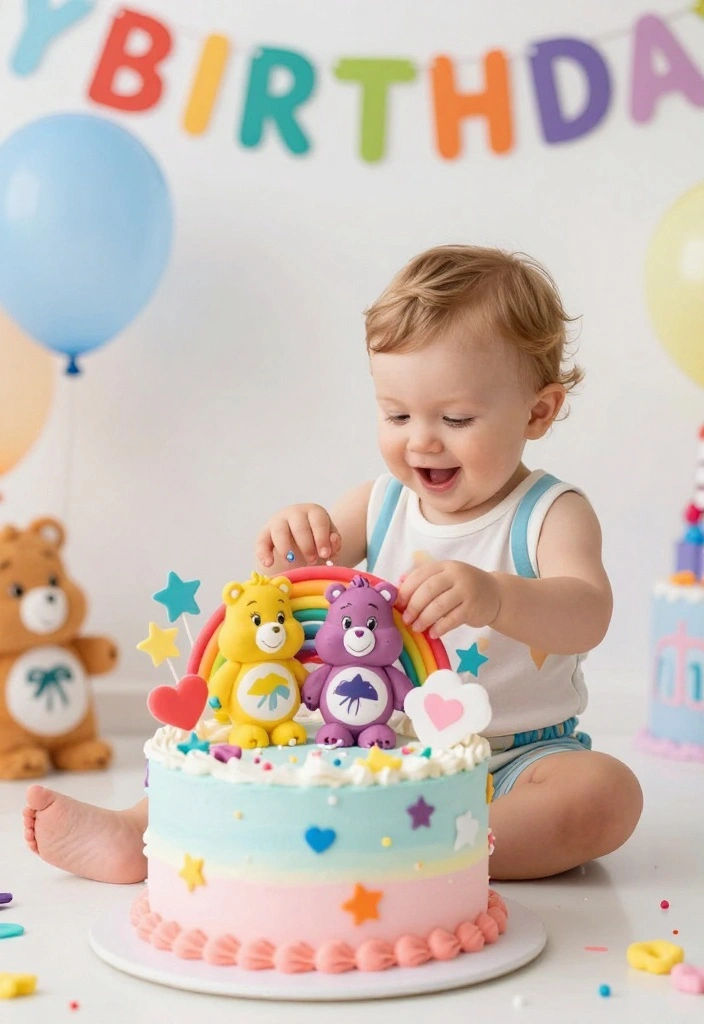 17 Smash Cake Boy Ideas Cute First Birthday Fun - 17. Care Bears Colorful Celebration 1