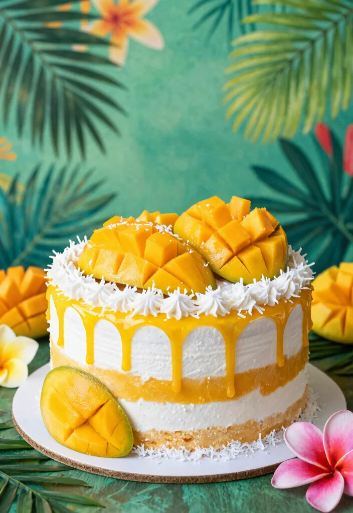 17 Tropical Birthday Cake Ideas: Colorful Island Vibes - 1. Exotic Mango Coconut Delight 1