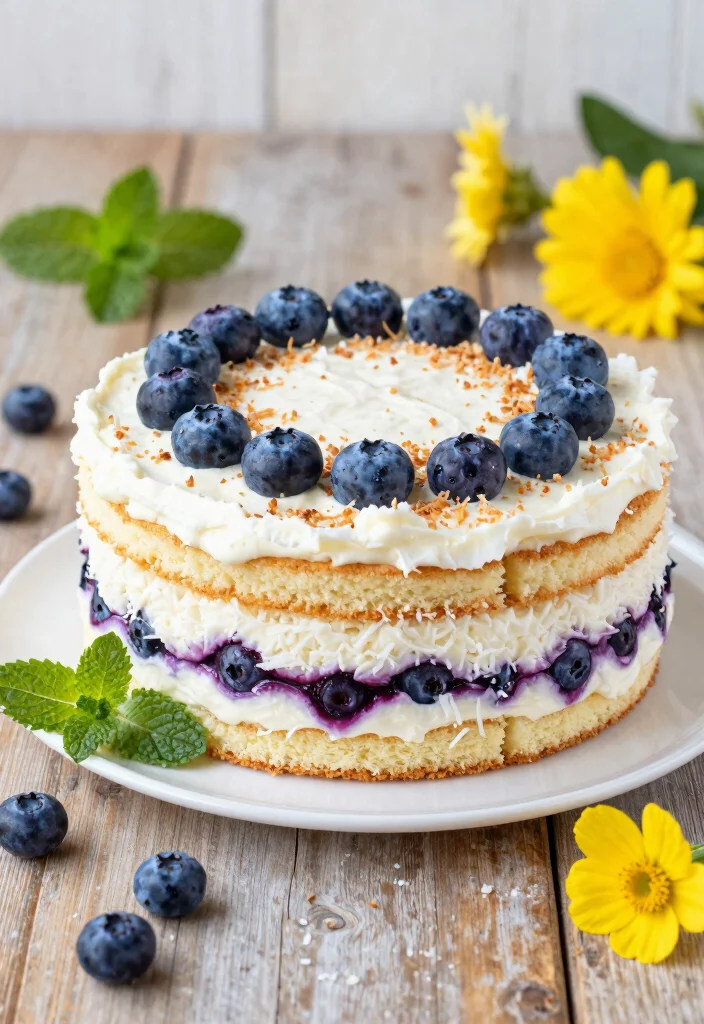 17 Tropical Birthday Cake Ideas: Colorful Island Vibes - 8. Blueberry Coconut Layer Cake 1