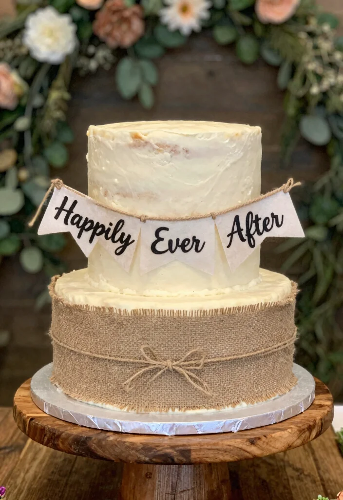 17 Wedding Cake Display Ideas: Stunning Dessert Tables - 11. Rustic Cake Banners 1