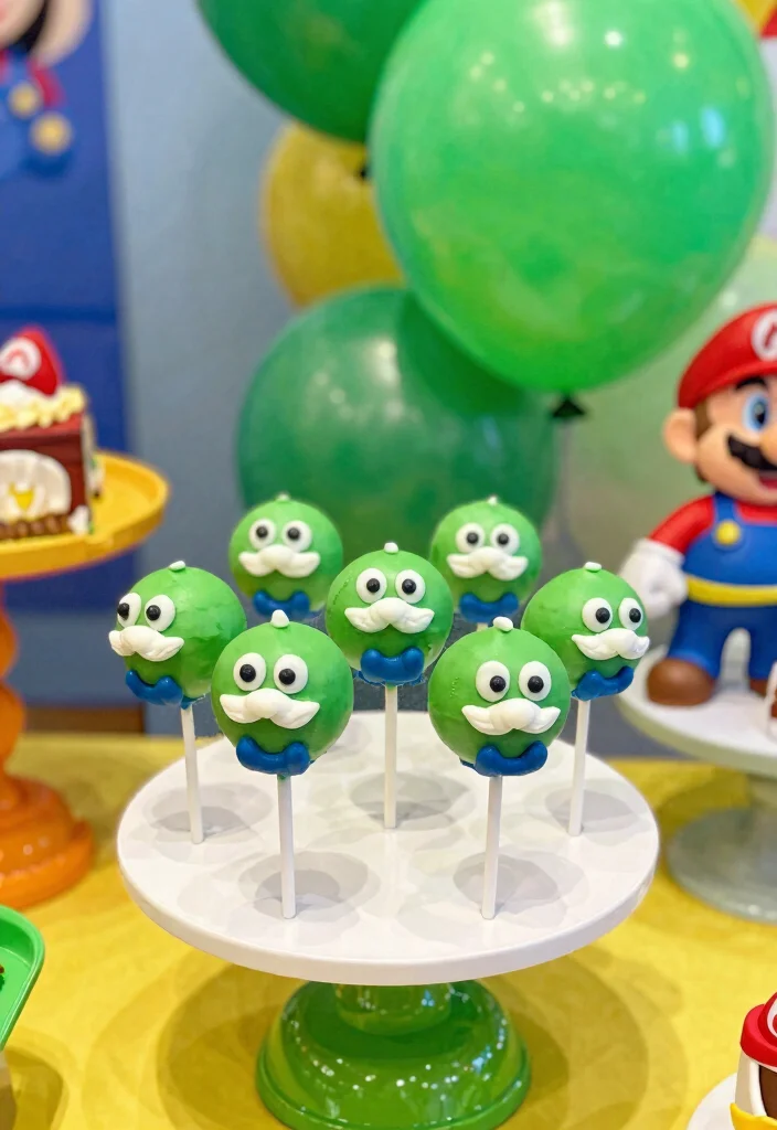 18 Super Mario Cake Pops Ideas Gamer Party Hit - 5. Luigi Cake Pops 1