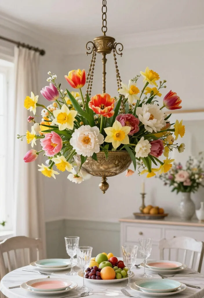 15 Chandelier With Flowers Ideas That Look Dreamy & Elegant - 14. Vibrant Spring Blooms in a Classic Setting 1