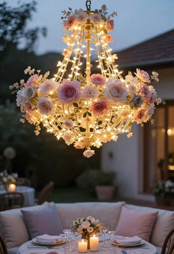 15 Chandelier With Flowers Ideas That Look Dreamy & Elegant - 15. Glamorous Evening Glow with String Lights 1