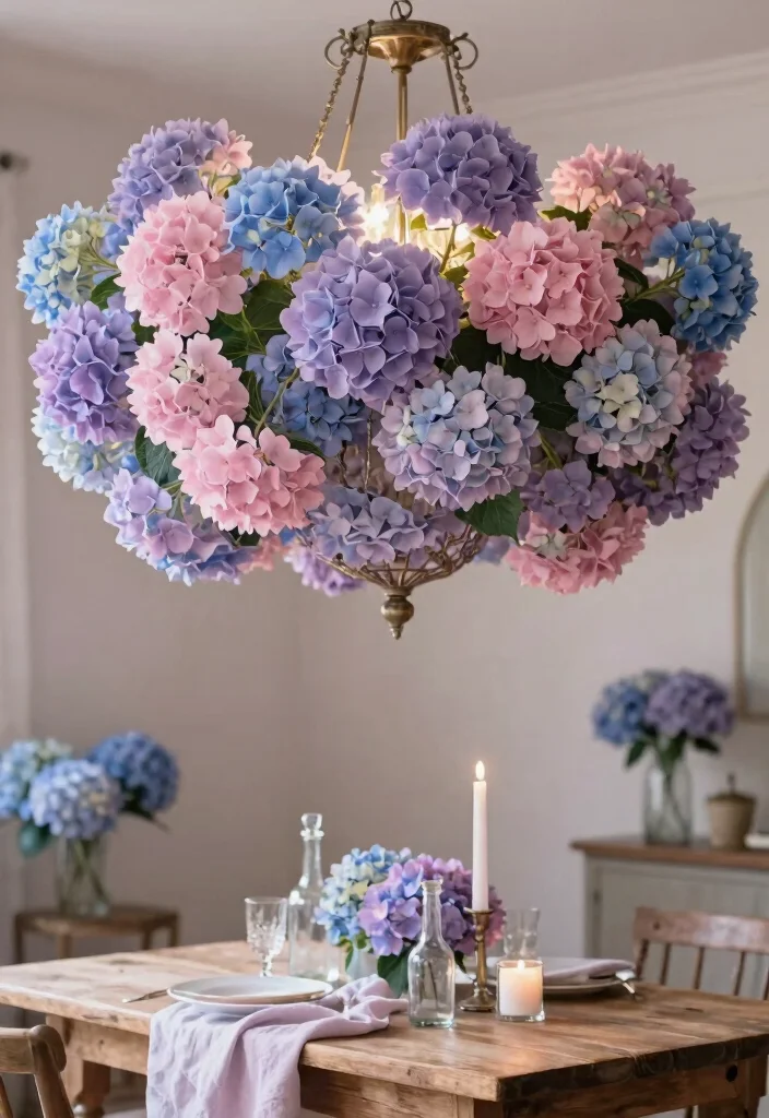 15 Chandelier With Flowers Ideas That Look Dreamy & Elegant - 8. Charming Hydrangea Blooms 1