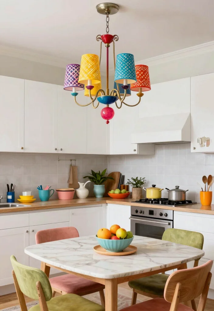 15 Modern Kitchen Chandelier Ideas With Statement Glow - 12. Colorful Pops of Light 1