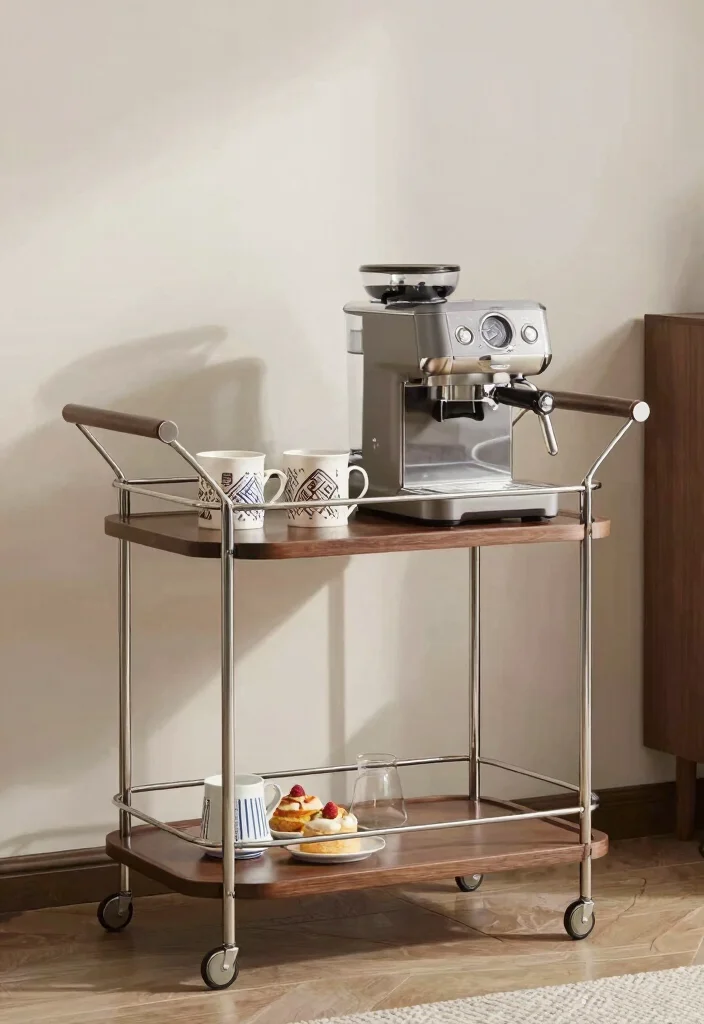 16 Coffee Stand Design Ideas That Feel Modern & Functional - 11. Stylish Bar Cart Coffee Setup 1