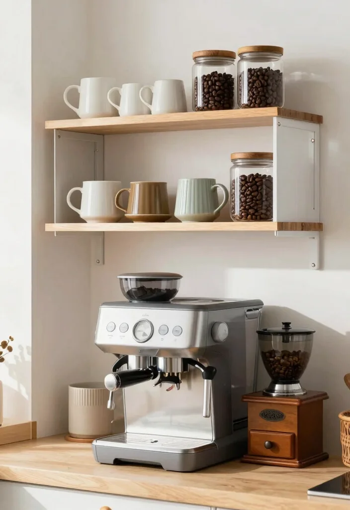 16 Coffee Stand Design Ideas That Feel Modern & Functional - 13. Space-Saving Coffee Shelf 1