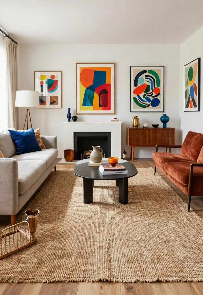 16 Jute Carpet Living Room Ideas With Cozy Natural Texture - 16. Modern Eclectic with Jute Touch 1