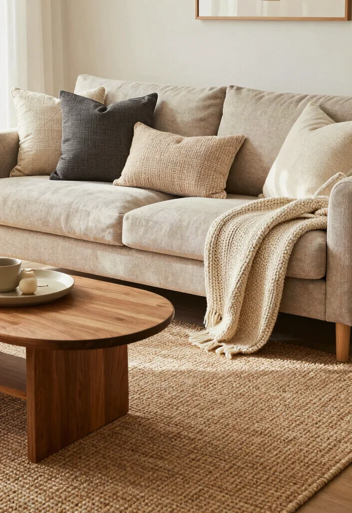 16 Jute Carpet Living Room Ideas With Cozy Natural Texture - 8. Textured Layers with Pillows and Throws 1