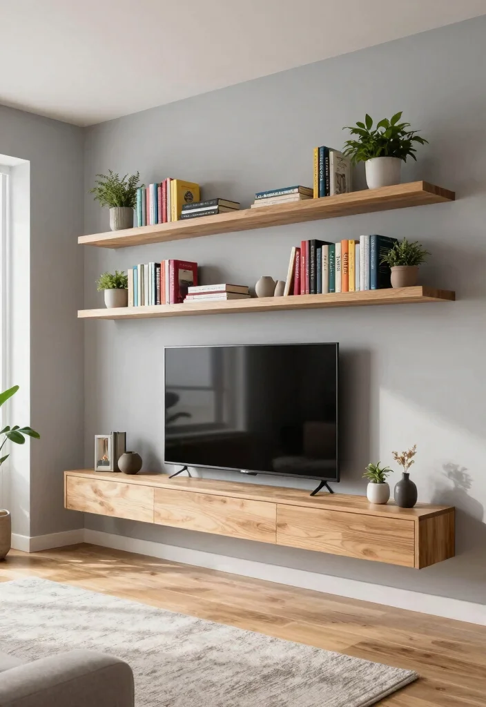 16 TV and Bookshelf Wall Ideas With Smart Layout - 1. Floating Shelves for Minimalist Appeal 1