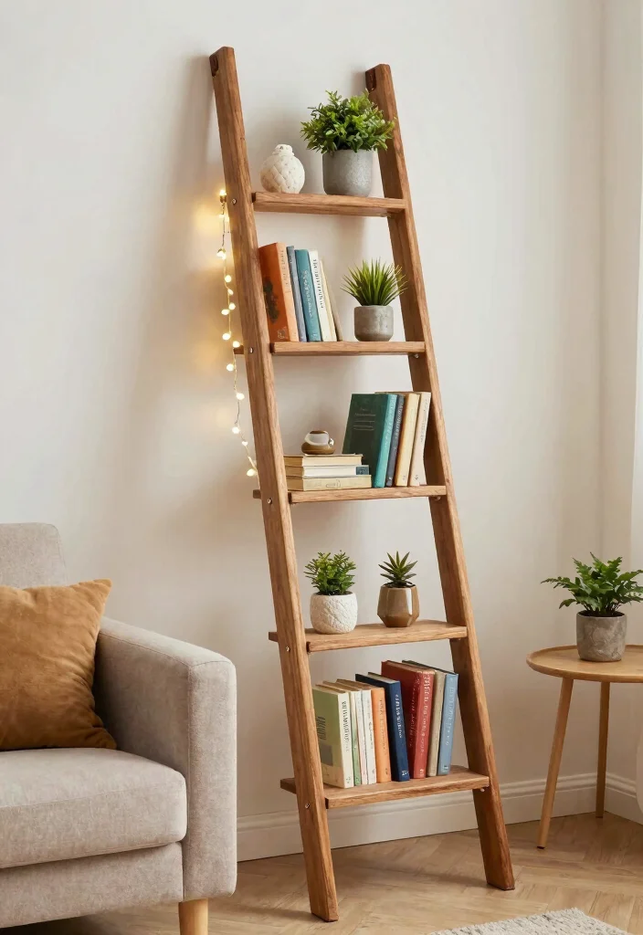 16 TV and Bookshelf Wall Ideas With Smart Layout - 10. Vintage Ladder as a Bookshelf 1