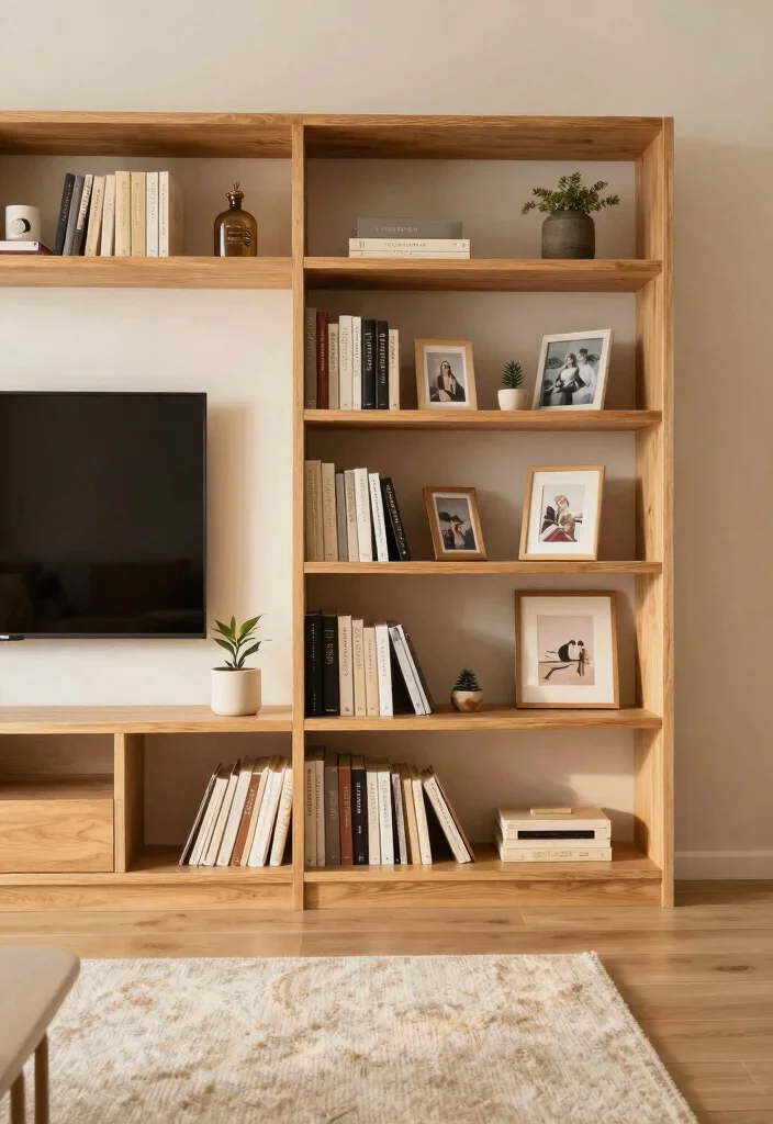 16 TV and Bookshelf Wall Ideas With Smart Layout - 12. Open Shelving with Decorative Accents 1
