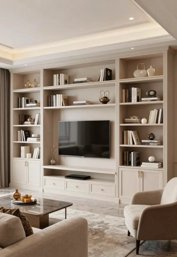 16 TV and Bookshelf Wall Ideas With Smart Layout - 15. Built-In Cabinetry with Display Nooks 1