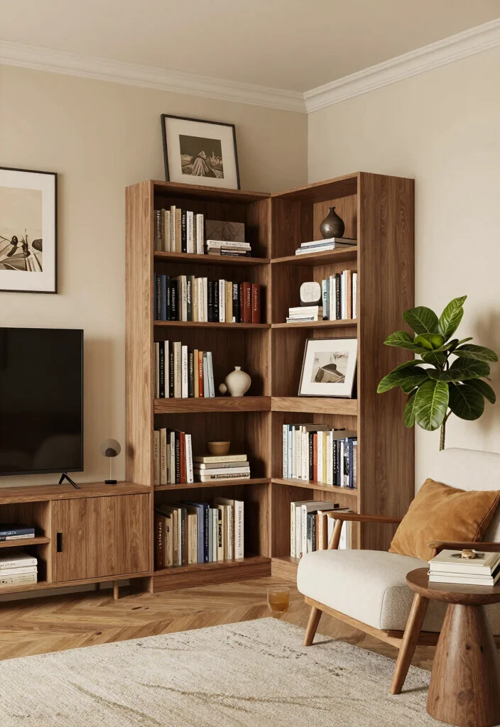16 TV and Bookshelf Wall Ideas With Smart Layout - 3. Corner TV and Bookshelf Combo 1