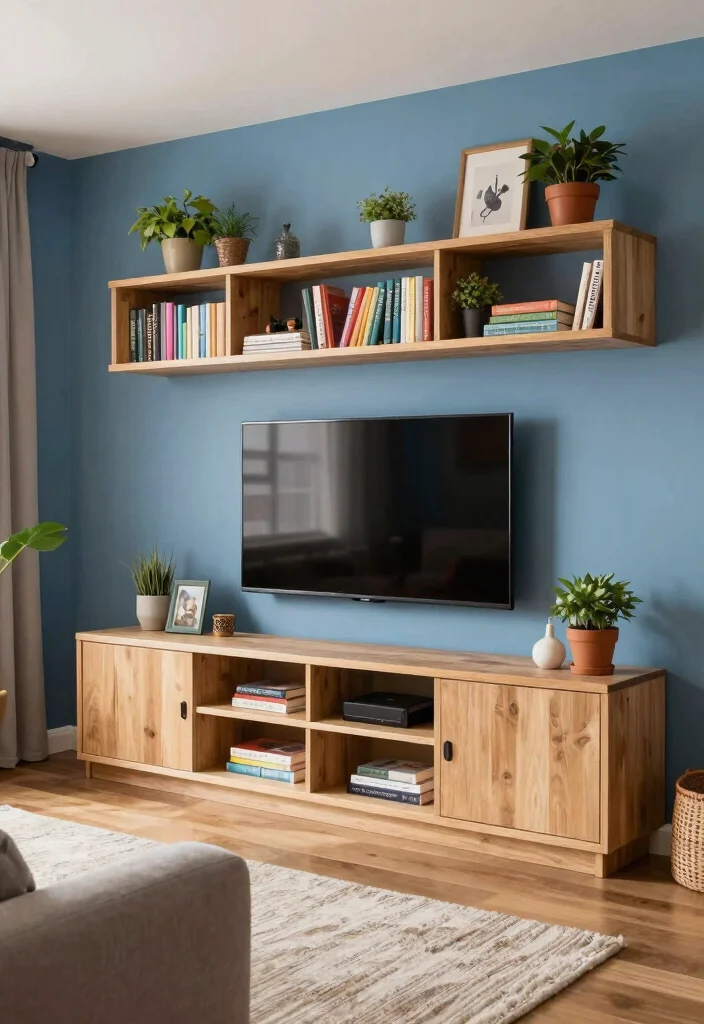 16 TV and Bookshelf Wall Ideas With Smart Layout - 4. Wall-Mounted TV with Bookshelf Below 1