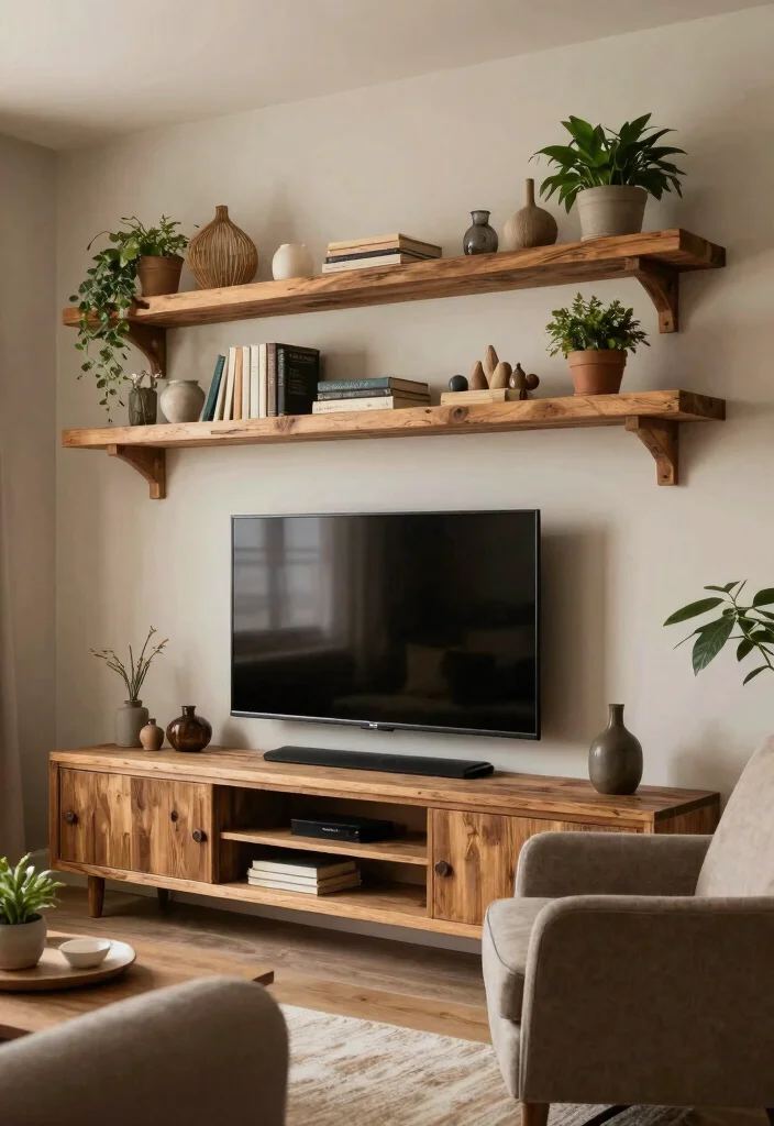 16 TV and Bookshelf Wall Ideas With Smart Layout - 6. Rustic Wood Shelves with TV 1