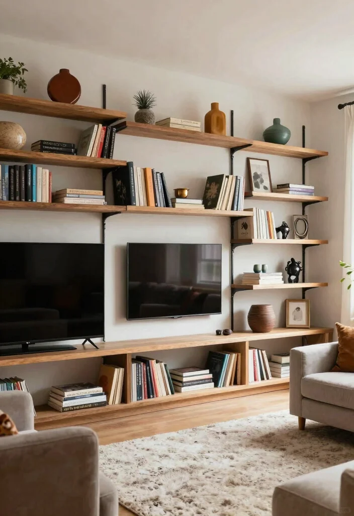16 TV and Bookshelf Wall Ideas With Smart Layout - 7. Multi-Level Shelving Units 1