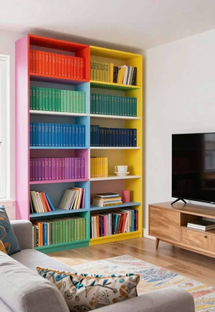 16 TV and Bookshelf Wall Ideas With Smart Layout - 9. Use of Colorful Book Covers 1