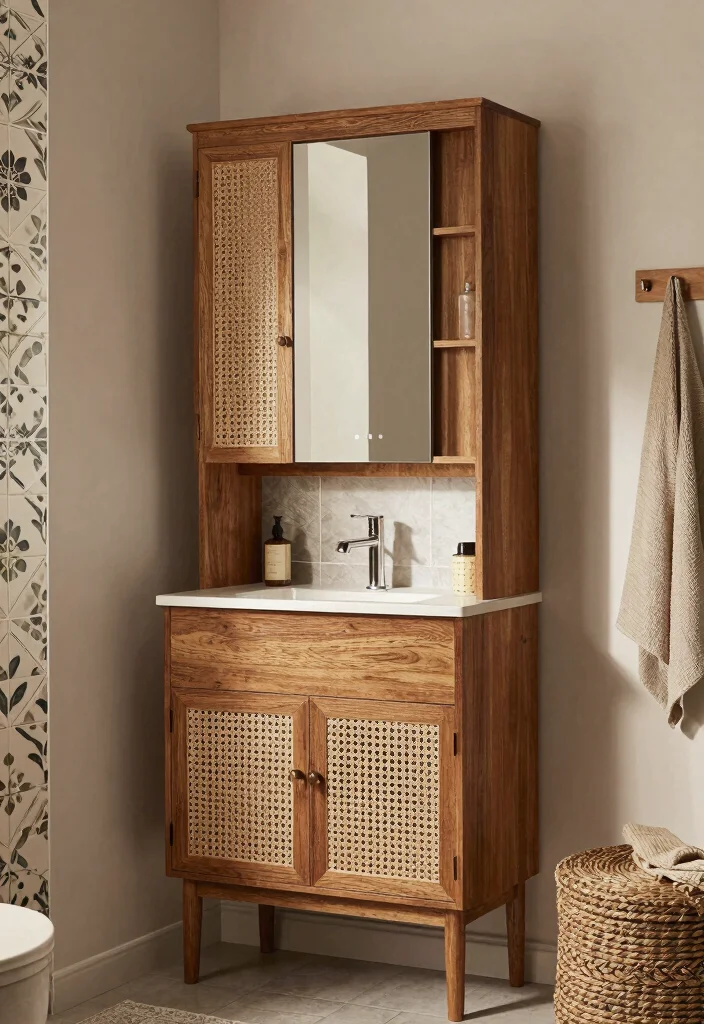 17 Mirror Cupboard Bathroom Ideas With Hidden Storage - 16. Layered Textures for Depth 1