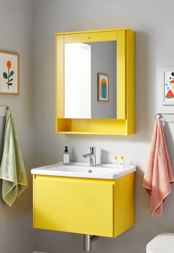 17 Mirror Cupboard Bathroom Ideas With Hidden Storage - 7. Bright Colors for a Fun Twist 1