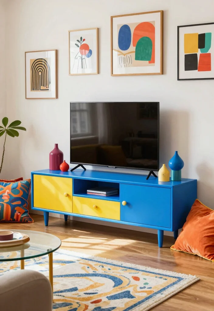 17 TV Unit Table Ideas With Stylish Storage - 14. Colorful Accent TV Units for Playful Spaces 1