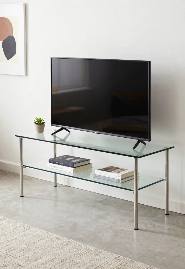 17 TV Unit Table Ideas With Stylish Storage - 5. Minimalist Glass TV Units for a Sleek Feel 1