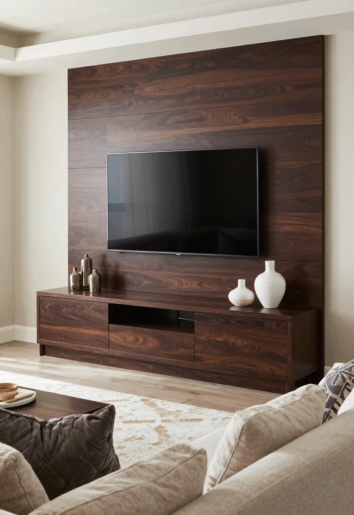 17 Wall TV Unit Design 2026 Trending Ideas That Elevate Your Living Room - 4. Dark Wood Finishes for a Bold Statement 1